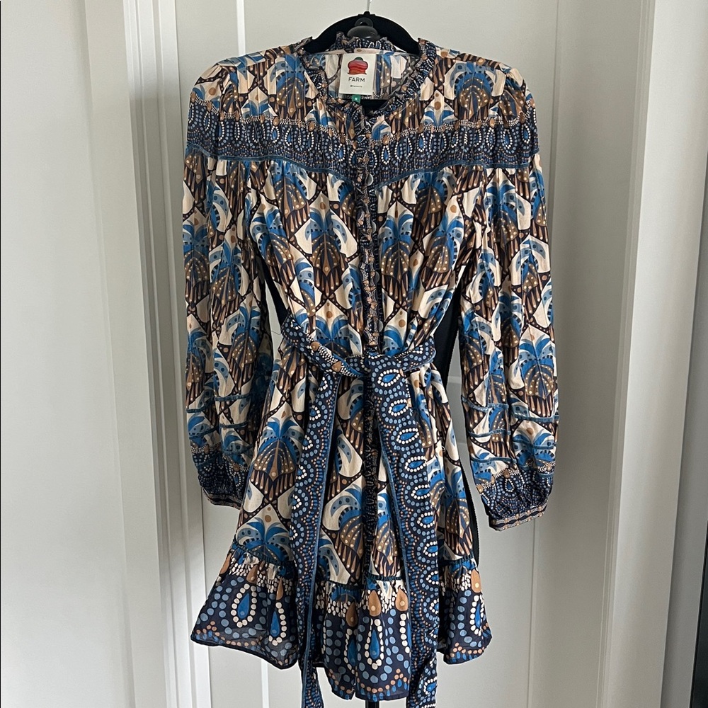 FARM Rio Blue, Brown & Cream Printed Long-Sleeve Dress